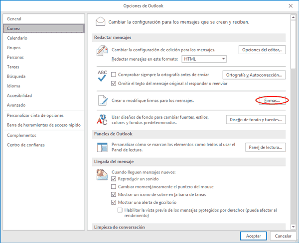 opciones-outlook Opciones Outlook