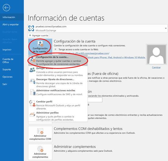 Outlook configuración cuenta