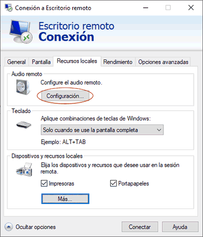 RDP recursos locales