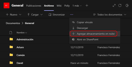 Teams agregar almacenamiento