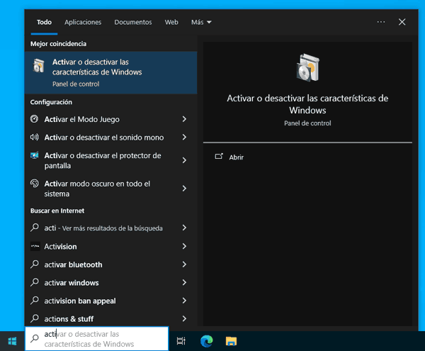 Activar-desactivar características de Windows