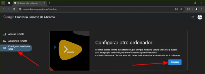 Escritorio remoto chrome SSH