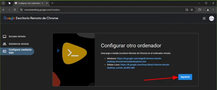 Escritorio remoto chrome SSH