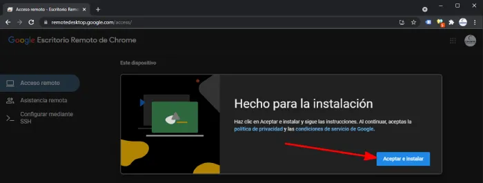 Instalación escritorio remoto de Chrome