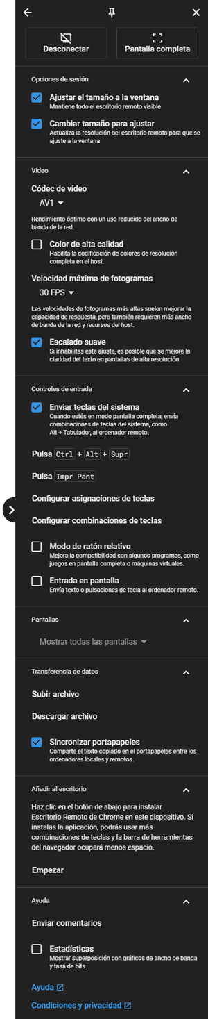 Escritorio remoto mostrar panel