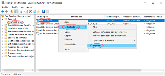 Administrador de certificados de usuario