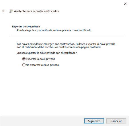 Exportar certificado clave privada