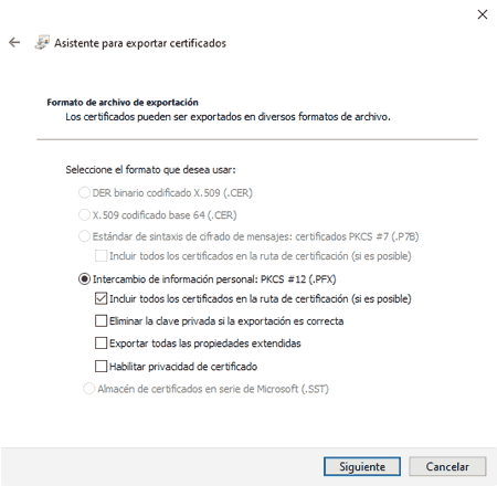 Exportar certificado formato