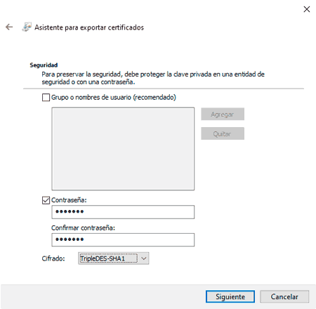 Exportar certificado password